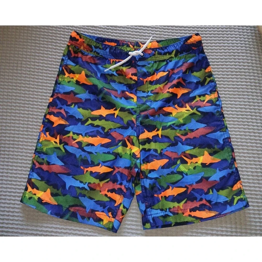 LANDS END Boys XL 14/16 Swim Trunks Mesh Lining Beach Colorful Shark Pattern